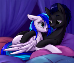 Size: 2162x1843 | Tagged: safe, artist:solweig, oc, oc only, oc:rainy, pegasus, pony, bed, bedroom eyes, cuddling, cute, eye contact, female, floppy ears, hug, male, mare, on side, prone, rule 63, smiling, snuggling, stallion, straight, wink