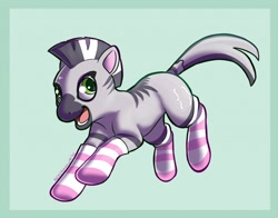 Size: 1280x1006 | Tagged: safe, artist:keysa moguri, oc, oc only, oc:zebra north, zebra, clothes, jumping, male, socks, solo, stallion, striped socks