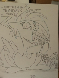 Size: 720x960 | Tagged: safe, artist:nanook123, oc, oc only, oc:jade aurora, earth pony, pony, caffeine, coffee, crazy face, dialogue, faic, frazzled, insanity, jitters, monday, screaming, sketch, steam, swirly eyes, traditional art, twitching