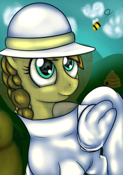 Size: 764x1080 | Tagged: safe, artist:chrisgotjar, oc, oc only, oc:nemsee, bee, beehive, beekeeper, clothes, solo, suit