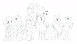 Size: 7000x4000 | Tagged: safe, artist:daisy, oc, oc only, oc:beta test, oc:fairy tale, oc:fresh crash, oc:hime cut, oc:quelanna cali, oc:riffle shuffle, bird, earth pony, parrot, pegasus, pony, raven (bird), unicorn, boots, bow (weapon), cape, clothes, ear fluff, group shot, knife, magic, monochrome, pool chalk, pool cue, rpg, telekinesis, traditional art