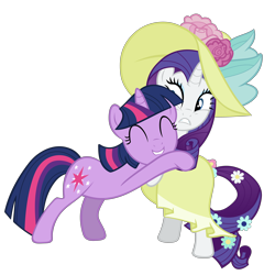 Size: 7600x7600 | Tagged: safe, artist:pangbot, derpibooru import, rarity, twilight sparkle, pony, unicorn, sweet and elite, .svg available, absurd resolution, clothes, cute, dress, duo, eyes closed, hat, hug, simple background, svg, transparent background, vector