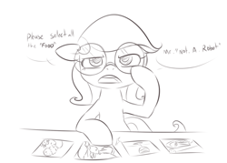 Size: 876x626 | Tagged: safe, artist:jessy, oc, oc only, oc:captchapon, pony, /mlp/, captcha, captcha pony, dialogue, food, glasses, monochrome, solo