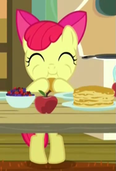 Size: 375x550 | Tagged: safe, screencap, apple bloom, earth pony, pony, bloom and gloom, adorabloom, apple, berries, bipedal, bowl, breakfast, cute, eating, eyes closed, female, filly, pancakes, puffy cheeks, smiling, solo, table
