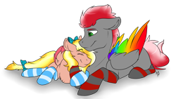 Size: 4500x2531 | Tagged: safe, artist:kobayashi-maruu, oc, oc only, pegasus, pony, clothes, couple, cute, female, male, shipping, socks, straight, striped socks