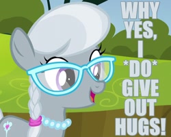 Size: 750x600 | Tagged: safe, screencap, silver spoon, bloom and gloom, caption, cute, glasses, hug, image macro, open mouth, smiling, solo