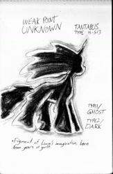 Size: 1024x1566 | Tagged: safe, artist:heromewtwo, artist:thegreatmewtwo, tantabus, do princesses dream of magic sheep, boss, file, house of the dead, monochrome, solo, stats, traditional art