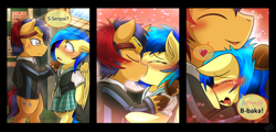 Size: 4180x2000 | Tagged: safe, artist:vavacung, oc, oc only, oc:electric spark, oc:silvia, pegasus, pony, unicorn, baka, bipedal, blushing, clothes, comic, couple, goggles, heart, kissing, school uniform, silspark, unshorn fetlocks