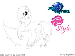 Size: 1027x777 | Tagged: safe, artist:boysketch, oc, oc only, oc:jade sapphire, g4, cute, lipstick, looking at you, my little pony, my little pony logo, raised hoof, raised leg, smiling, solo, unshorn fetlocks