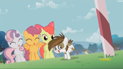 Size: 1905x1073 | Tagged: safe, screencap, apple bloom, pipsqueak, scootaloo, super funk, sweetie belle, earth pony, pony, crusaders of the lost mark, colt, cutie mark crusaders, male