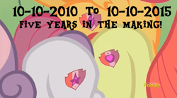 Size: 969x539 | Tagged: safe, edit, edited screencap, screencap, apple bloom, scootaloo, sweetie belle, pony, crusaders of the lost mark, anniversary, backwards cutie mark, caption, cutie mark, cutie mark crusaders, happy birthday mlp:fim, mlp fim's fifth anniversary, plot, the cmc's cutie marks