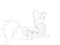 Size: 1024x768 | Tagged: safe, artist:rednorth, oc, oc only, oc:harsh lulamoon, oc:red-north, pegasus, pony, unicorn, bow, cuddling, cutie mark, grayscale, lineart, monochrome, piercing, pregnant, sleeping, small, snuggling, tail bow, waifu