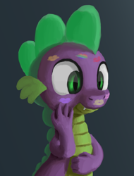 Size: 1216x1600 | Tagged: safe, artist:odooee, spike, dragon, cute, female, implied applespike, implied flutterspike, implied pinkiespike, implied rainbowspike, implied shipping, implied sparity, implied straight, implied twispike, kiss mark, male, smiling, solo, spike gets all the mares, spikelove, straight