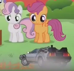 Size: 501x483 | Tagged: safe, edit, edited screencap, screencap, scootaloo, sweetie belle, crusaders of the lost mark, 88 mph, back to the future, car, delorean