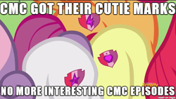 Size: 610x343 | Tagged: safe, edit, edited screencap, screencap, apple bloom, scootaloo, sweetie belle, earth pony, pegasus, pony, unicorn, crusaders of the lost mark, butt bump, butt to butt, butt touch, caption, cutie mark, cutie mark crusaders, cutie mark drama, drama bait, female, filly, image macro, meme, op is a cuck, the cmc's cutie marks