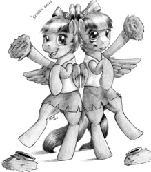 Size: 875x1000 | Tagged: safe, artist:stallionslaughter, lilac sky, spring step, sunlight spring, pony, bipedal, cheerleader, dancing, female, grayscale, happy, monochrome, open mouth, pom pom, traditional art