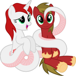 Size: 6421x6400 | Tagged: safe, artist:parclytaxel, oc, oc only, oc:boltblood thundercloud, oc:ruby scales, lamia, original species, pegasus, unicorn, .svg available, absurd resolution, coils, cute, foreplay, looking at you, pre-hypnosis, simple background, smiling, transparent background, unshorn fetlocks, vector