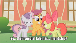 Size: 1280x724 | Tagged: safe, screencap, apple bloom, scootaloo, sweetie belle, crusaders of the lost mark, cutie mark crusaders, image macro, meme, the cmc's cutie marks