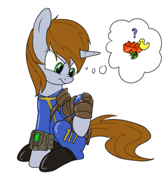 Size: 997x1071 | Tagged: safe, artist:brisineo, oc, oc only, oc:littlepip, pony, unicorn, fallout equestria, annoyed, clothes, clothes swap, fallout, fallout 4, fanfic, fanfic art, female, leather, mare, pipbuck, plastic, scrunchy face, shiny, simple background, solo, vault suit, white background