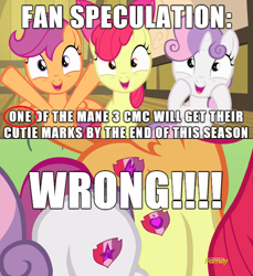 Size: 608x664 | Tagged: safe, edit, edited screencap, screencap, apple bloom, scootaloo, sweetie belle, crusaders of the lost mark, circle, cutie mark, cutie mark crusaders, discovery family logo, image macro, meme, prediction, speculation, the cmc's cutie marks, wrong