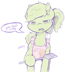 Size: 1527x1692 | Tagged: artist needed, source needed, safe, oc, oc:anon, poneanon, apron, clothes, dialogue, looking at you, ponified, spatula, vulgar