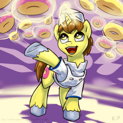 Size: 1500x1500 | Tagged: safe, artist:kp-shadowsquirrel, donut joe, donut, looking up, magic, open mouth, raised hoof, smiling, solo, telekinesis, underhoof, unshorn fetlocks