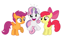 Size: 1536x864 | Tagged: safe, artist:psychicwalnut, apple bloom, scootaloo, sweetie belle, .svg available, cute, cutie mark crusaders, diasweetes, excited, happy, jumping, magic, open mouth, raised hoof, simple background, smiling, standing, svg, sweetie belle's magic brings a great big smile, transparent background, vector