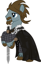 Size: 478x751 | Tagged: safe, artist:xenoneal, oc, oc only, oc:framerate, earth pony, pony, .svg available, clothes, cosplay, costume, eddard stark, game of thrones, leaning, male, ned stark, ponified, simple background, solo, stallion, svg, sword, transparent background, vector, weapon, winter is coming