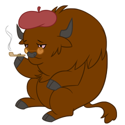 Size: 2400x2400 | Tagged: safe, artist:floots, oc, oc only, oc:gentle giant, buffalo, beret, buffalo oc, commission, drugs, glasses, pipe, pot, simple background, smoking, solo, transparent background, vector