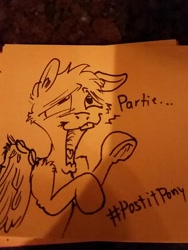 Size: 600x800 | Tagged: safe, artist:postitpony, pegasus, pony, everfree northwest 2015, monochrome, party, solo, traditional art, underhoof