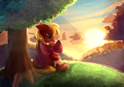 Size: 1706x1200 | Tagged: safe, artist:scootiebloom, apple bloom, big macintosh, earth pony, pony, brotherhooves social, apple tree, backlighting, brother and sister, equestria's best big brother, featured on derpibooru, female, filly, male, scene interpretation, siblings, sitting, stallion, sunset, tree