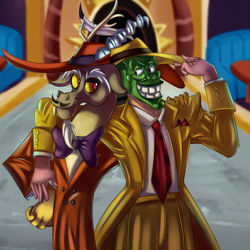 Size: 2000x2000 | Tagged: safe, artist:discorded, discord, draconequus, human, dungeons and discords, clothes, crossover, duo, hat, suit, the mask, this will end in chaos, xk-class end-of-the-world scenario