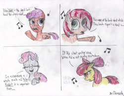 Size: 6600x5100 | Tagged: safe, artist:endlesswire94, apple bloom, babs seed, scootaloo, sweetie belle, absurd resolution, cutie mark crusaders, parody, peanuts, peter rabbit, singing, traditional art, you're a good man charlie brown