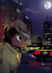 Size: 1791x2487 | Tagged: safe, artist:apocheck13, oc, oc only, car, cigarette, coat, hat, lighter, manehattan, mare in the moon, moon, noir, smoking