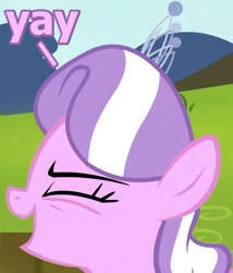 Size: 450x525 | Tagged: safe, edit, edited screencap, screencap, diamond tiara, bloom and gloom, caption, image macro, meme, reaction image, solo, yay