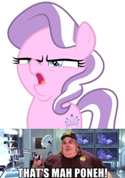 Size: 498x713 | Tagged: safe, screencap, diamond tiara, crusaders of the lost mark, arin hanson face, austin powers, fat bastard, gun, meme, pistol, that's my pony, that's my x, weapon