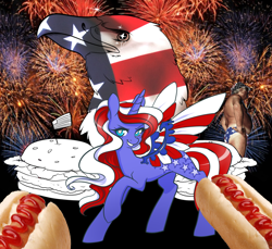 Size: 896x822 | Tagged: safe, artist:lolopan, oc, oc only, alicorn, eagle, human, alicorn oc, burger, crying, eagleland, fireworks, food, freedom, hamburger, hot dog, irl, irl human, liberty, murica, photo, solo, united states, usa! usa! usa!