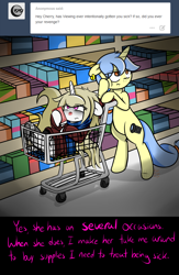 Size: 1500x2300 | Tagged: safe, artist:fullmetalpikmin, oc, oc only, oc:cherry blossom, oc:viewing pleasure, ask, bored, clothes, cold, congenital amputee, medicine, scarf, shopping cart, sick, tumblr, tumblr:ask viewing pleasure