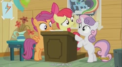 Size: 1281x713 | Tagged: safe, screencap, apple bloom, scootaloo, sweetie belle, bloom and gloom, clubhouse, cutie mark crusaders, discovery family logo, intel, meme, rainbow dash poster