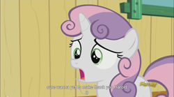 Size: 1282x714 | Tagged: safe, screencap, sweetie belle, bloom and gloom, clubhouse, discovery family logo, harold, meme, youtube caption