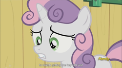 Size: 1282x714 | Tagged: safe, screencap, sweetie belle, bloom and gloom, clubhouse, discovery family logo, meme, youtube caption