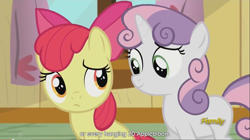 Size: 1281x715 | Tagged: safe, screencap, apple bloom, sweetie belle, bloom and gloom, clubhouse, discovery family logo, meme, youtube caption