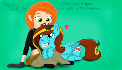 Size: 1024x587 | Tagged: safe, artist:megaanimationfan, oc, oc:ilovekimpossiblealot, human, crossover, dialogue, disney, heart, kim possible, midriff, petting