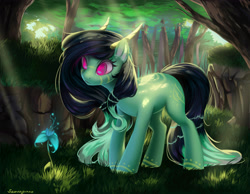 Size: 3600x2800 | Tagged: safe, artist:santagiera, oc, oc only, pony, female, flower, forest, grass, horns, looking down, mare, outdoors, poison joke, signature, solo, standing, tree