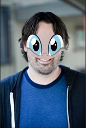 Size: 605x901 | Tagged: safe, human, 1000 years in photoshop, creepy, irl, irl human, m.a. larson, morph, photo, photoshop, pony eyes, solo, wat, why