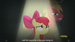 Size: 1282x713 | Tagged: safe, screencap, apple bloom, big macintosh, earth pony, pony, bloom and gloom, male, meme, stallion, youtube caption