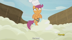 Size: 1280x713 | Tagged: safe, screencap, scootaloo, bloom and gloom, batter, chef's hat, egg beater, food, hat, meme, nightmare, scootacook, solo, youtube caption