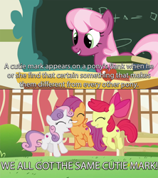 Size: 960x1080 | Tagged: safe, screencap, apple bloom, cheerilee, scootaloo, sweetie belle, crusaders of the lost mark, cutie mark crusaders, image macro, meme, the cmc's cutie marks