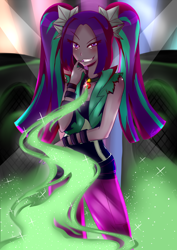 Size: 1024x1448 | Tagged: safe, artist:rabidwuff, aria blaze, equestria girls, clothes, dark magic, female, finger bite, magic, negative energy, pants, smirk, solo