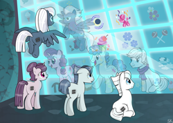 Size: 1300x928 | Tagged: dead source, safe, artist:dsana, double diamond, night glider, party favor, sugar belle, the cutie map, cutie mark vault, equal four, equalized, plot, reflection